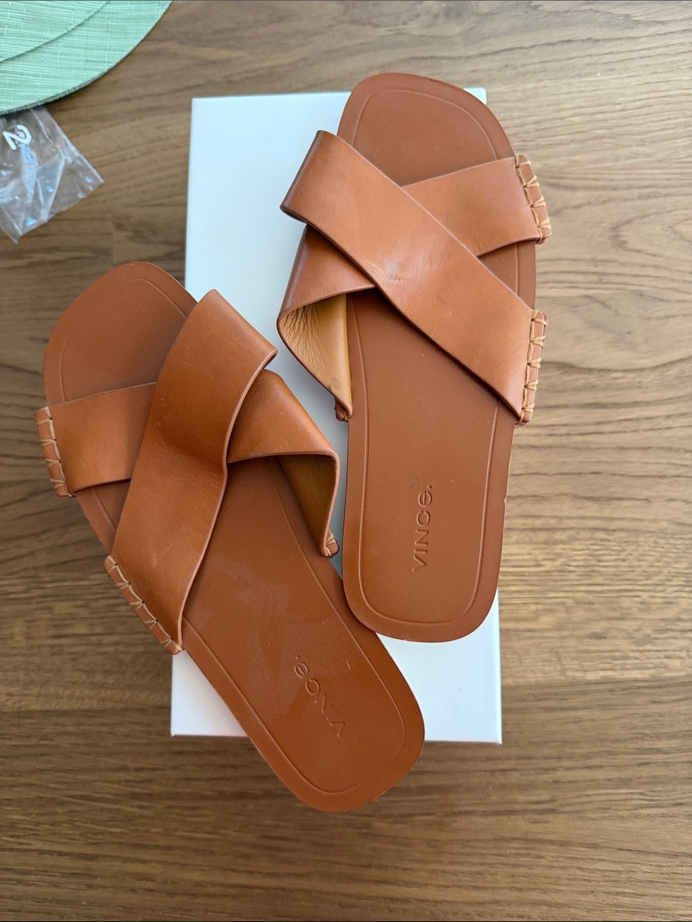 Vince Cognac Leather Crisscross Slide Sandals